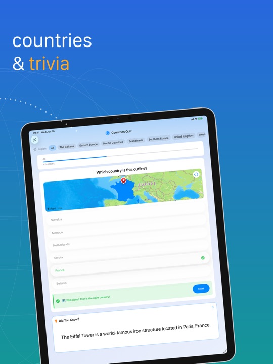 miniAtlas Countries Quiz on iPad