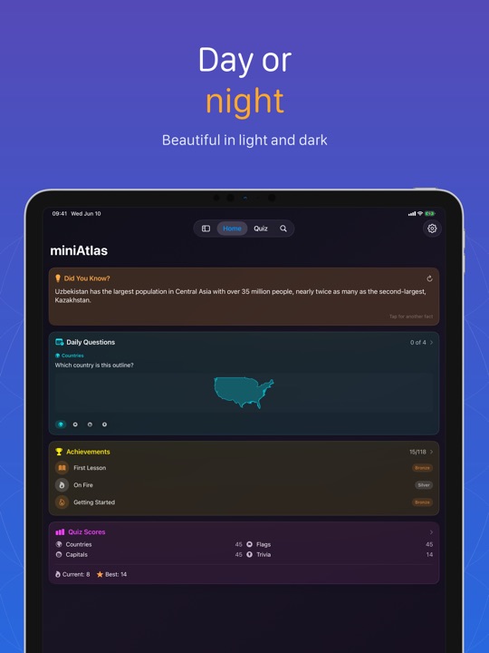 miniAtlas Home (Dark Mode) on iPad