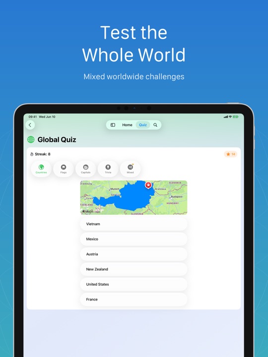 miniAtlas Global Quiz on iPad