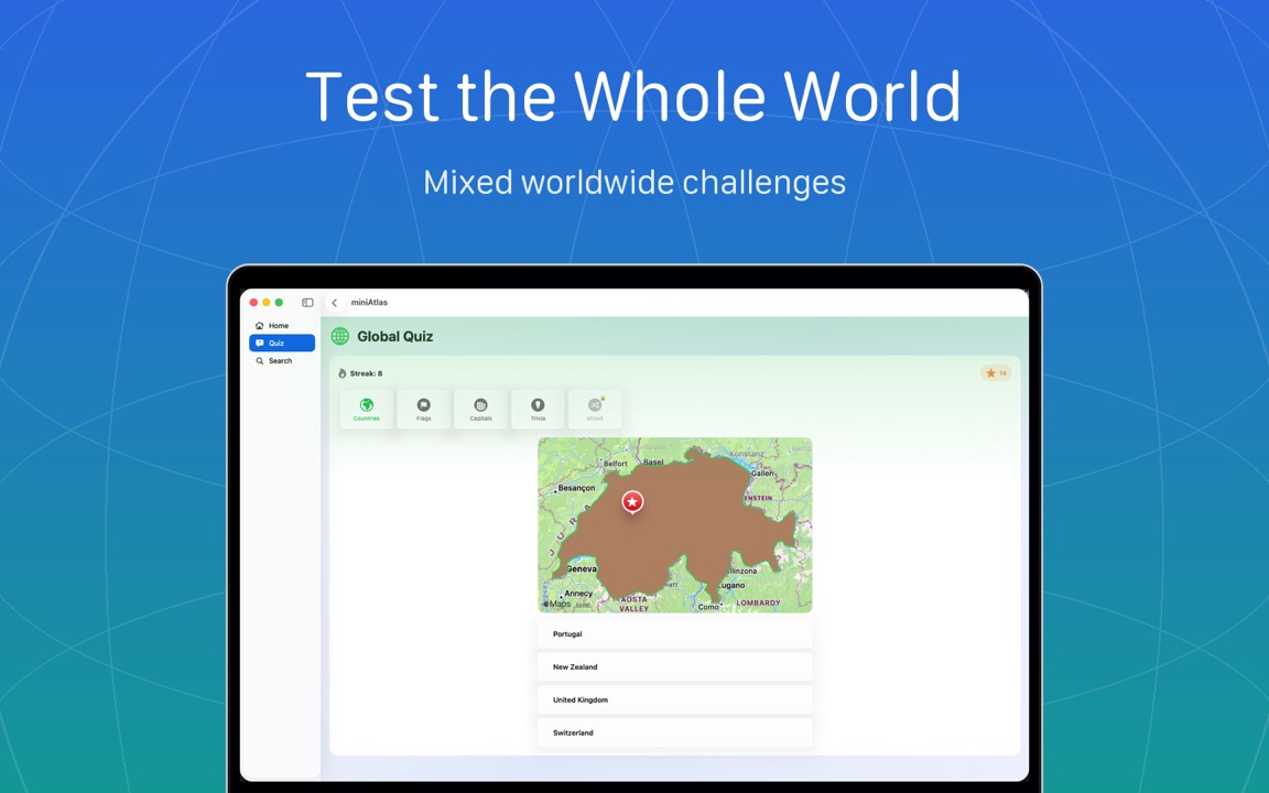 miniAtlas Global Quiz on Mac
